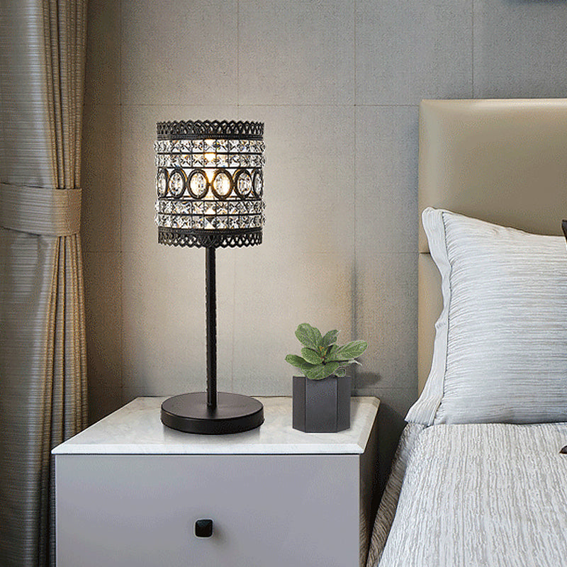 Cilinder Nachttafel Licht Modern Metallic 1-Hoofd bed nachtkastje Lamp met kristallen accent in zwart