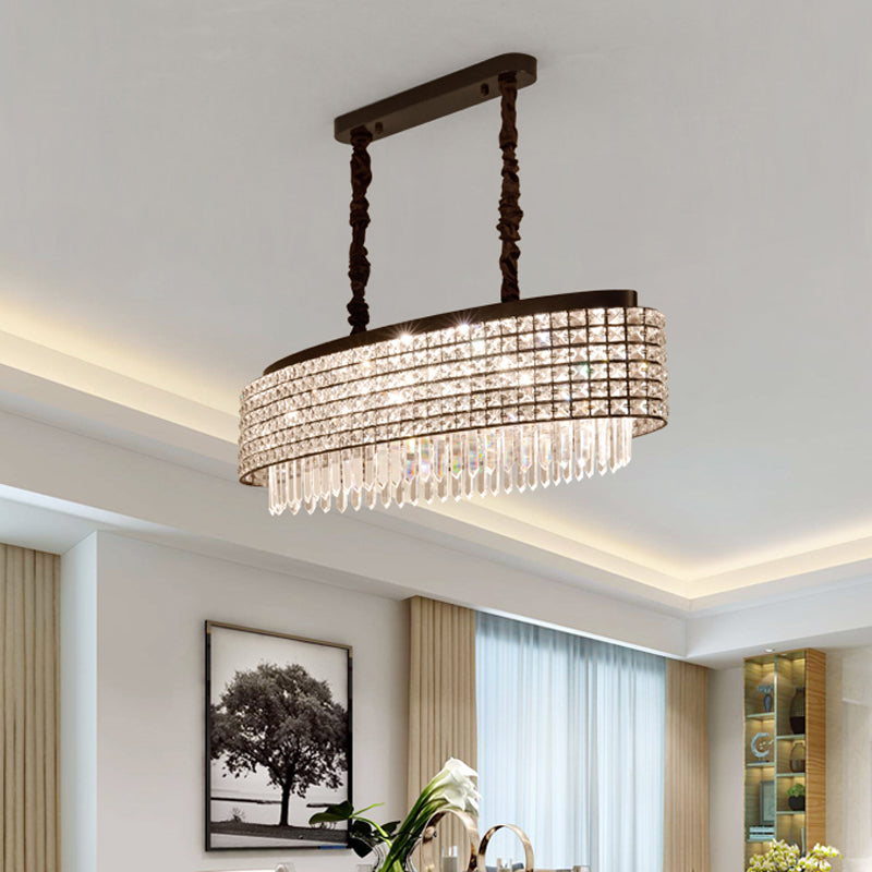 Oblong Crystal Encrusted Pendulum Light Modernist 5-Light Black Finish Island Lamp Fixture