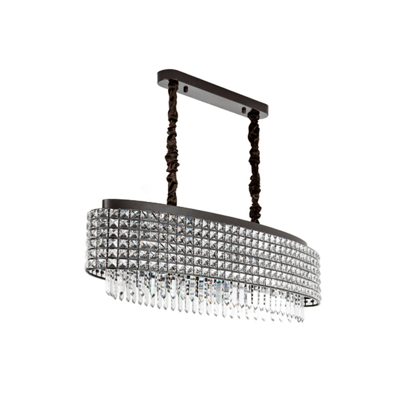 Oblong Crystal Encrusted Pendulum Light Modernist 5-Light Black Finish Island Lamp Fixture