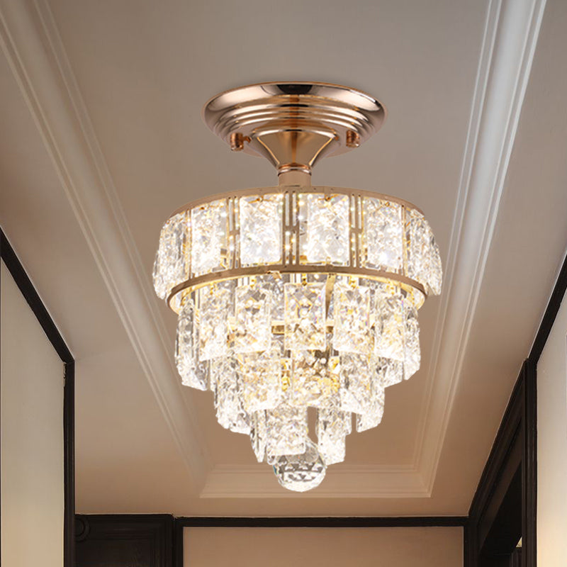 Beveled Crystal Square LED Ceiling Flush Modern Gold 4 Tiers Tapered Hallway Semi Flush Mount Lighting