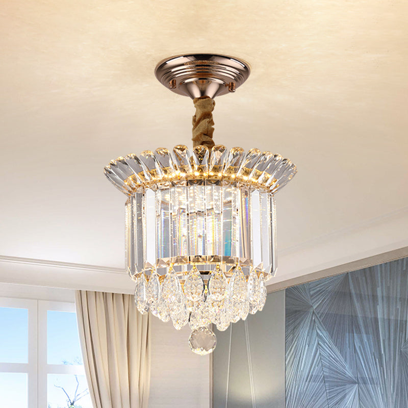 Clear Crystal LED Semi Flush Simplicity Galería cilíndrica de oro Cerca de la luz del techo con gotas