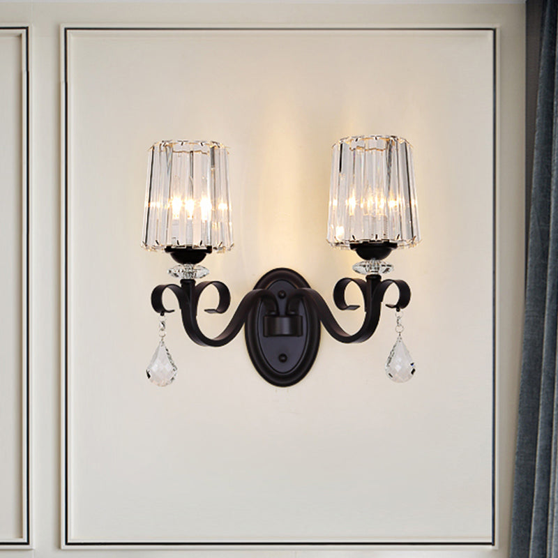 1/2-Light Clear Prismatic Crystal Sconce Modern Black Cylinder Living Room Wall Mount Lamp