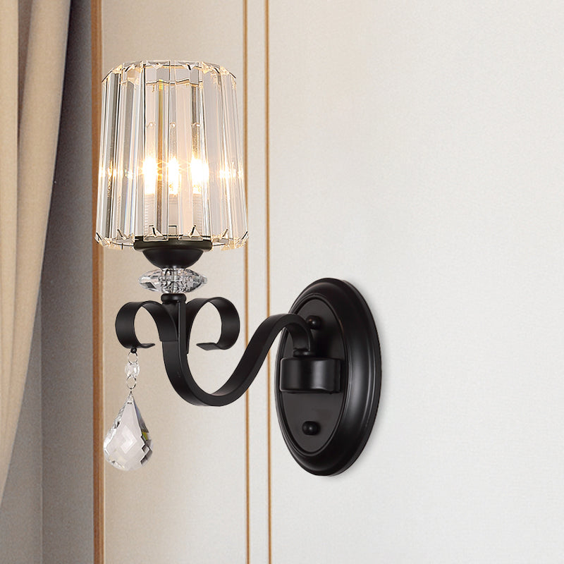 1/2-Light Clear Prismatic Crystal Sconce Modern Black Cylinder Living Room Wall Mount Lamp