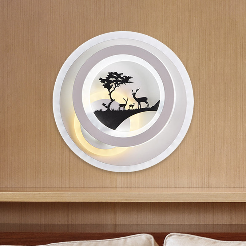 White Circular Wall Lighting Idea Simplicity LED Acrylic Sconce Light Fixture with Tree and Elk Decoration for Bedroom