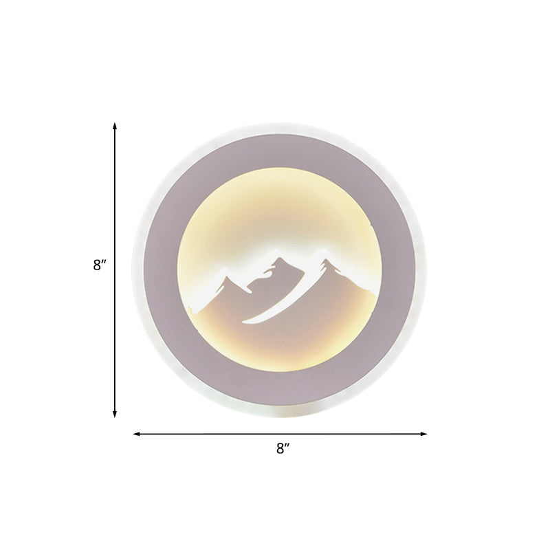 Éclairage mural rond contemporain Fixture de la chambre à coucher à LED Acrylique Lumière avec un motif de montagne en blanc