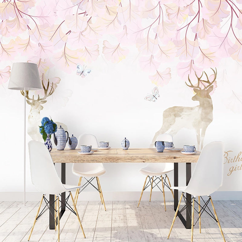 Illustration Deer and Stem Mural Extra Large Wall Art for Accent Wall, Custom Size Available