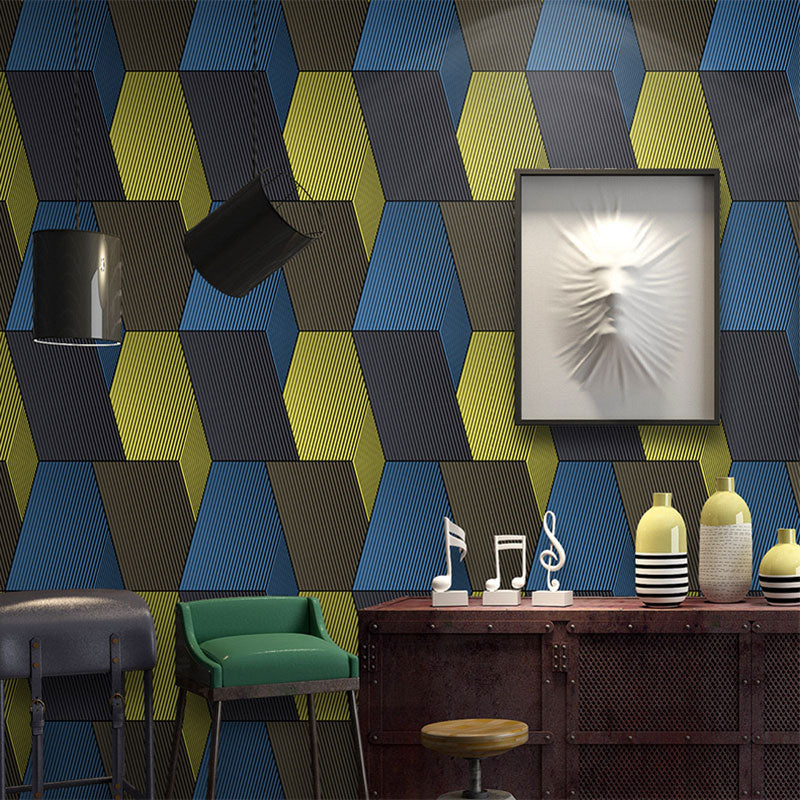 Contemporary Wallpaper in Yellow and Blue 3D Effect Cube Wall Covering, 57.1 sq ft.