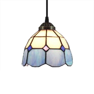 1 Bulb Dome Down Lighting Pendant Mediterranean Blue Handcrafted Art Glass Suspension Lamp