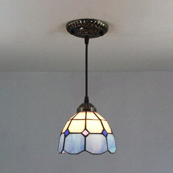 1 Bulb Dome Down Lighting Pendant Mediterranean Blue Handcrafted Art Glass Suspension Lamp