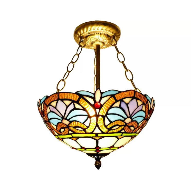 12"/16" Wide Victorian Design Bowl Ceiling Fixture Tiffany Style Stained Glass Semi Flush Mount Light in Red/Purple/Brass/Orange-Blue/Orange-Purple for Villa