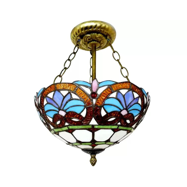 12"/16" Wide Victorian Design Bowl Ceiling Fixture Tiffany Style Stained Glass Semi Flush Mount Light in Red/Purple/Brass/Orange-Blue/Orange-Purple for Villa