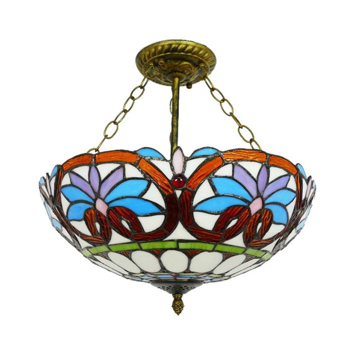 12"/16" Wide Victorian Design Bowl Ceiling Fixture Tiffany Style Stained Glass Semi Flush Mount Light in Red/Purple/Brass/Orange-Blue/Orange-Purple for Villa