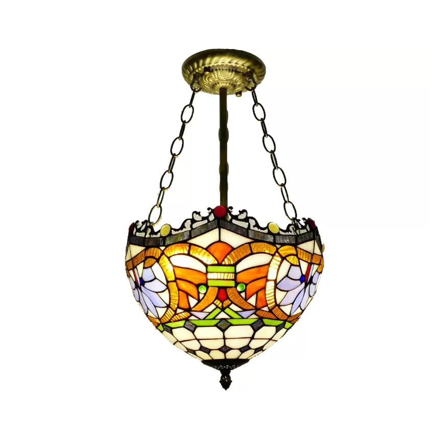 12"/16" Wide Victorian Design Bowl Ceiling Fixture Tiffany Style Stained Glass Semi Flush Mount Light in Red/Purple/Brass/Orange-Blue/Orange-Purple for Villa