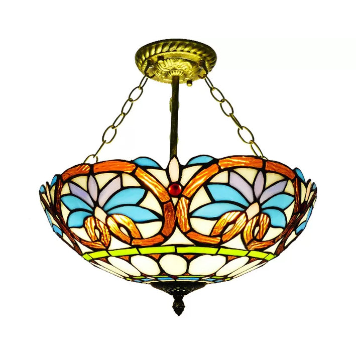 12"/16" Wide Victorian Design Bowl Ceiling Fixture Tiffany Style Stained Glass Semi Flush Mount Light in Red/Purple/Brass/Orange-Blue/Orange-Purple for Villa