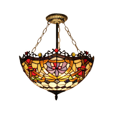 12"/16" Wide Victorian Design Bowl Ceiling Fixture Tiffany Style Stained Glass Semi Flush Mount Light in Red/Purple/Brass/Orange-Blue/Orange-Purple for Villa
