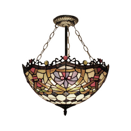 12"/16" Wide Victorian Design Bowl Ceiling Fixture Tiffany Style Stained Glass Semi Flush Mount Light in Red/Purple/Brass/Orange-Blue/Orange-Purple for Villa