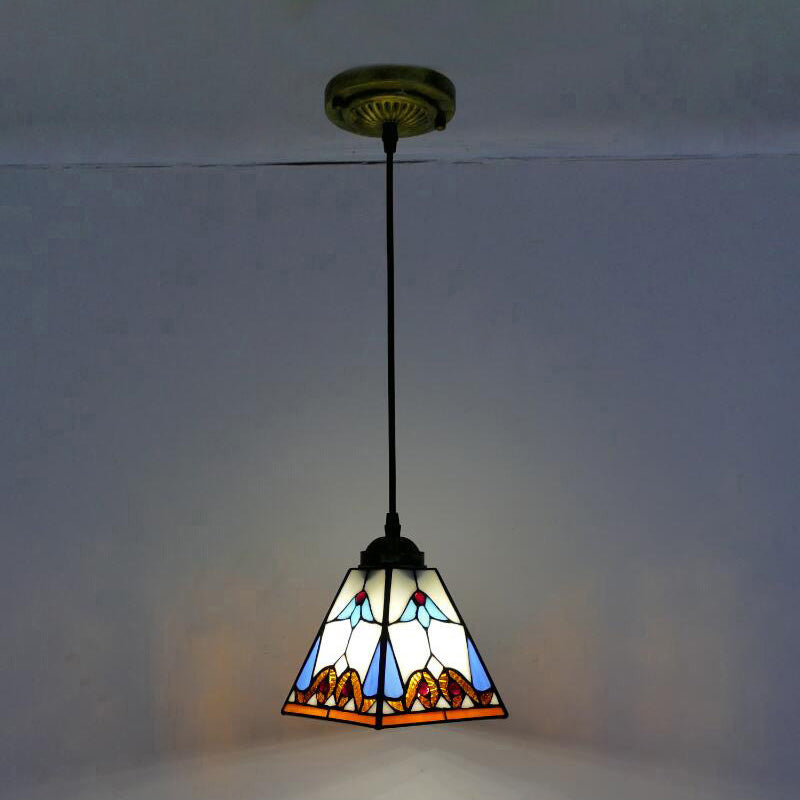Tapered Hanging Lamp 1 Bulb White Stained Glass Tiffany-Style Pendant Light Fixture