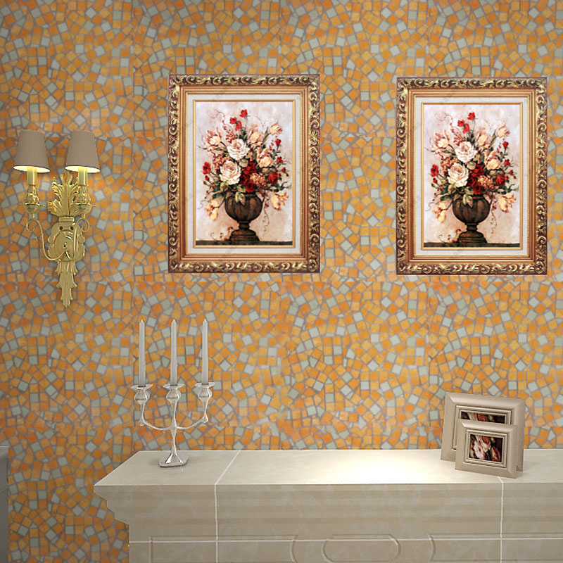 Mosaic Look Wall Art for Kitchen Grid Wallpaper Roll in Yellow, Stain-Resistant, 96.8 sq ft., Peel and Stick