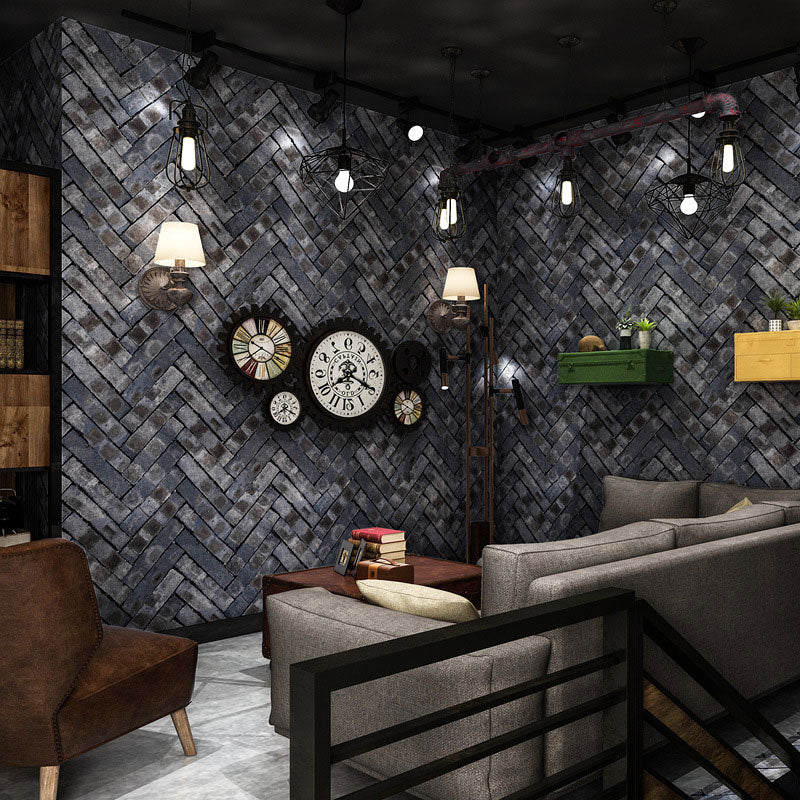 Industrial Wall Covering Dark Color Herringbone Brick Wallpaper Roll, 57.1 sq ft., Non-Pasted