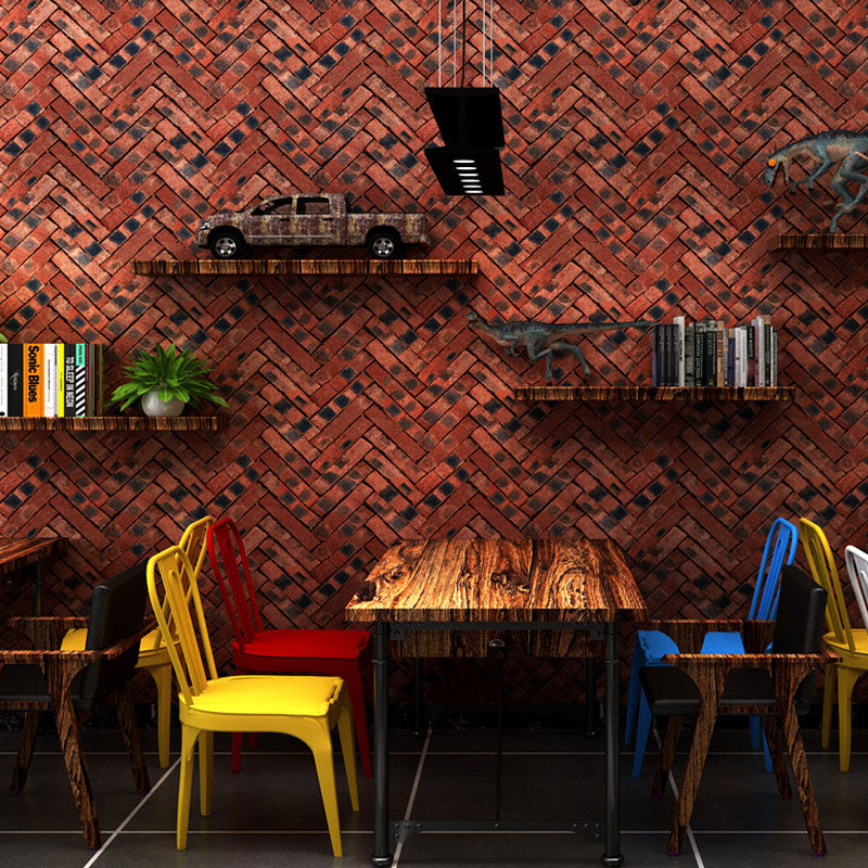 Industrial Wall Covering Dark Color Herringbone Brick Wallpaper Roll, 57.1 sq ft., Non-Pasted