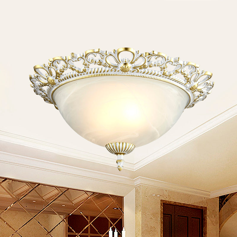 2/3-Light Opal Frosted Glass Flushmount Countryside Brass/White Floral-Trim Dome Hallway Ceiling Lamp, 11"/19.5" Wide