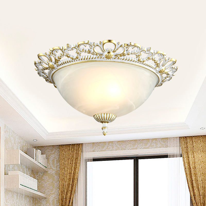 2/3-Light Opal Frosted Glass Flushmount Countryside Brass/White Floral-Trim Dome Hallway Ceiling Lamp, 11"/19.5" Wide