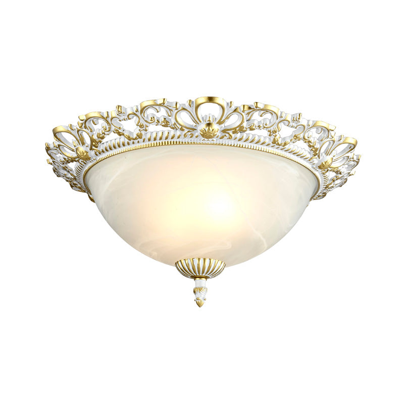 2/3-Light Opal Frosted Glass Flushmount Countryside Brass/White Floral-Trim Dome Hallway Ceiling Lamp, 11"/19.5" Wide