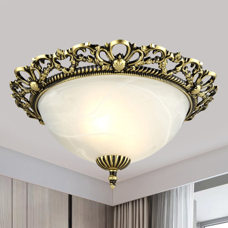 2/3-Light Opal Frosted Glass Flushmount Countryside Brass/White Floral-Trim Dome Hallway Ceiling Lamp, 11"/19.5" Wide