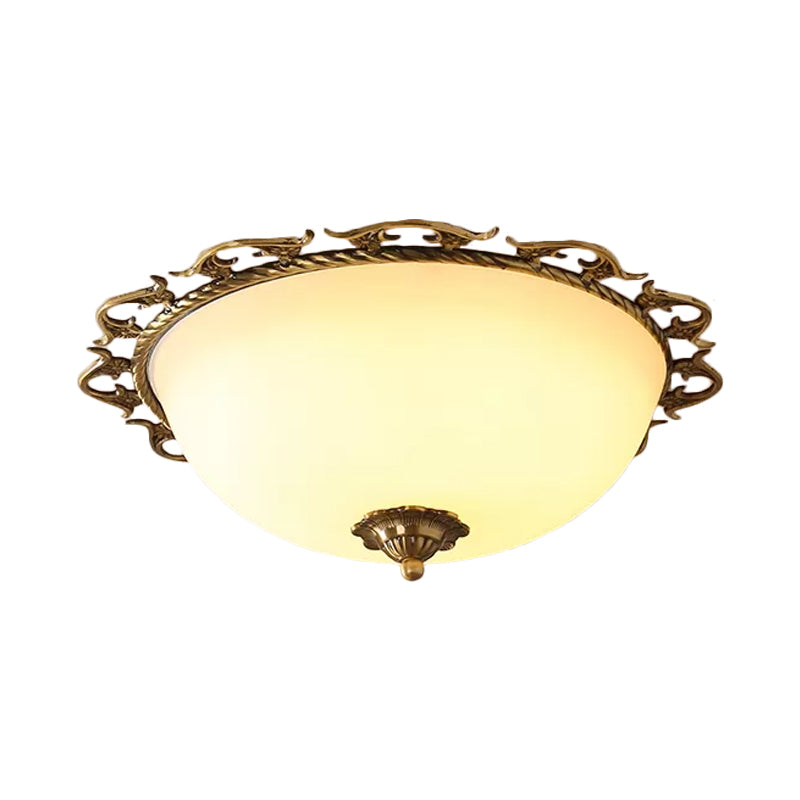 3/5 Bulbs Half-Globe Flush Light Rural Brass Frosted White Glass Ceiling Mount Lamp with Trim
