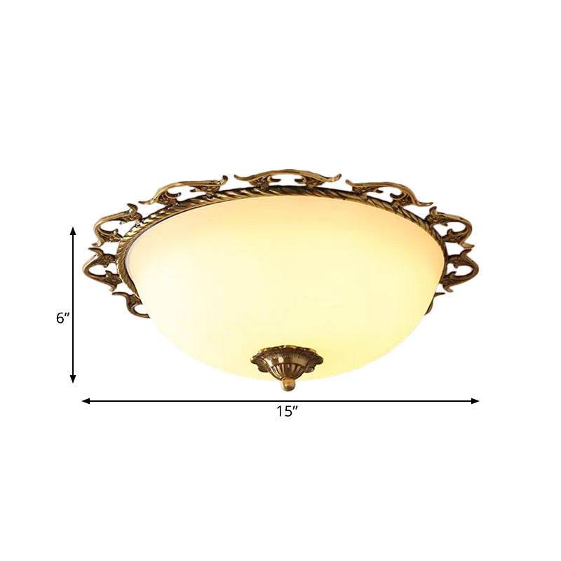 3/5 Bulbs Half-Globe Flush Light Rural Brass Frosted White Glass Ceiling Mount Lamp with Trim