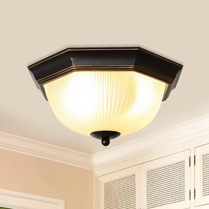Illuminazione da incasso classica a 2 teste con cupola sfaccettata a soffitto in vetro nero a coste color latte