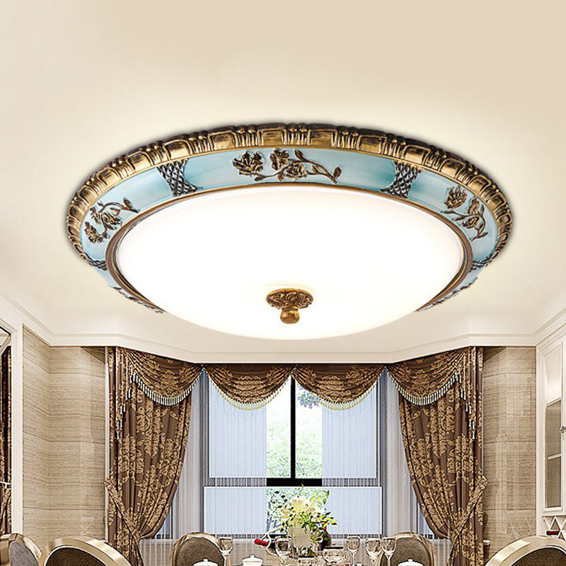 Dome Cream Glass Flush Light Fixture Retro Dining Room LED Ceiling Mount Lamp in Blue