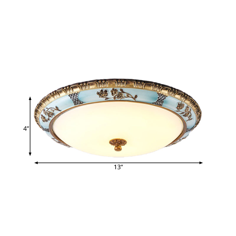 Dome Cream Glass Flush Light Fixture Retro Dining Room LED Ceiling Mount Lamp in Blue