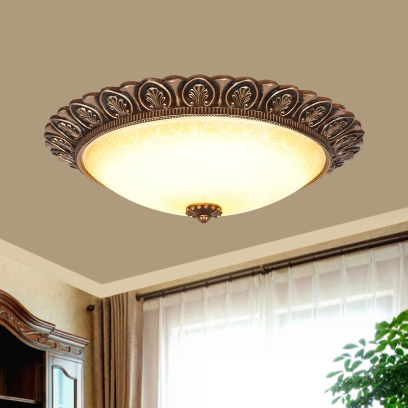 LED Flush Ceiling Light Antique Leaf-Trimmed Dome Frosted Glass Flushmount Lighting in Gold