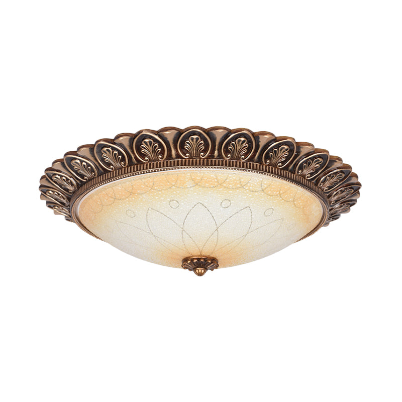 LED Flush Ceiling Light Antique Leaf-Trimmed Dome Frosted Glass Flushmount Lighting in Gold