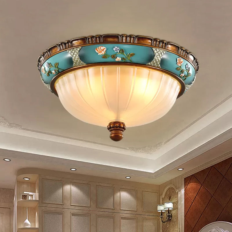 Green 3 Bulbs Ceiling Flush Light Retro Ribbed Glass Embossed Flower Hemispherical Flush Mount Lighting, 15"/19" Wide