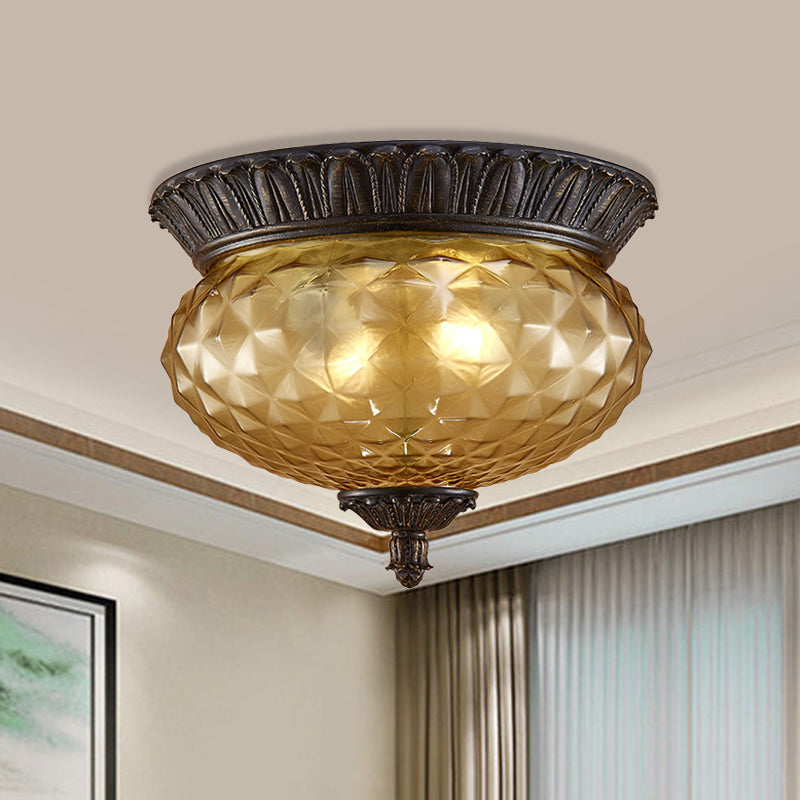 Oval Kitchen Flush Mount Lamp Rustic Amber Beveled Glass 2-Bulb Black Ceiling Lighting Fixture