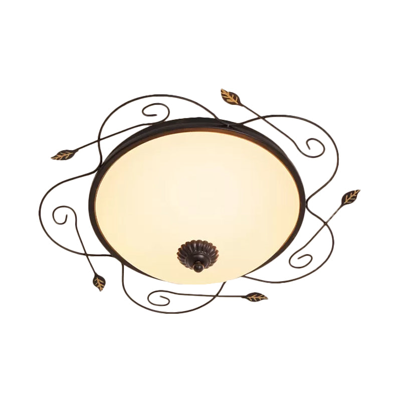 Dome Ivory Glass Flushmount Rural 3-Head Dining Room Flush Mount Ceiling Lighting with Twined Vines in Black, 18"/25" W