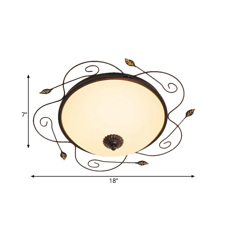 Dome Ivory Glass Flushmount Rural 3-Head Dining Room Flush Mount Ceiling Lighting with Twined Vines in Black, 18"/25" W