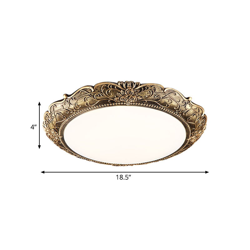 Disc Bedroom Ceiling Light Farmhouse Resin Brass LED Flush Mounted Lamp with Embossed Rose Trim, 18.5"/21" Dia