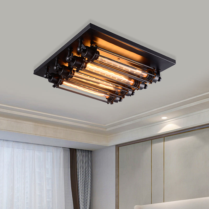 4-Head Clear Tube Glass Flush Mount Lamp Industrial Black Square Corridor Flush Mount Ceiling Fixture
