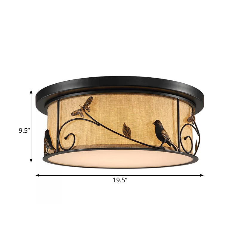 Drum Fabric Ceiling Flush Mount Cottage Bedroom LED Flushmount Lighting with Pastoral Scene Decor in Black