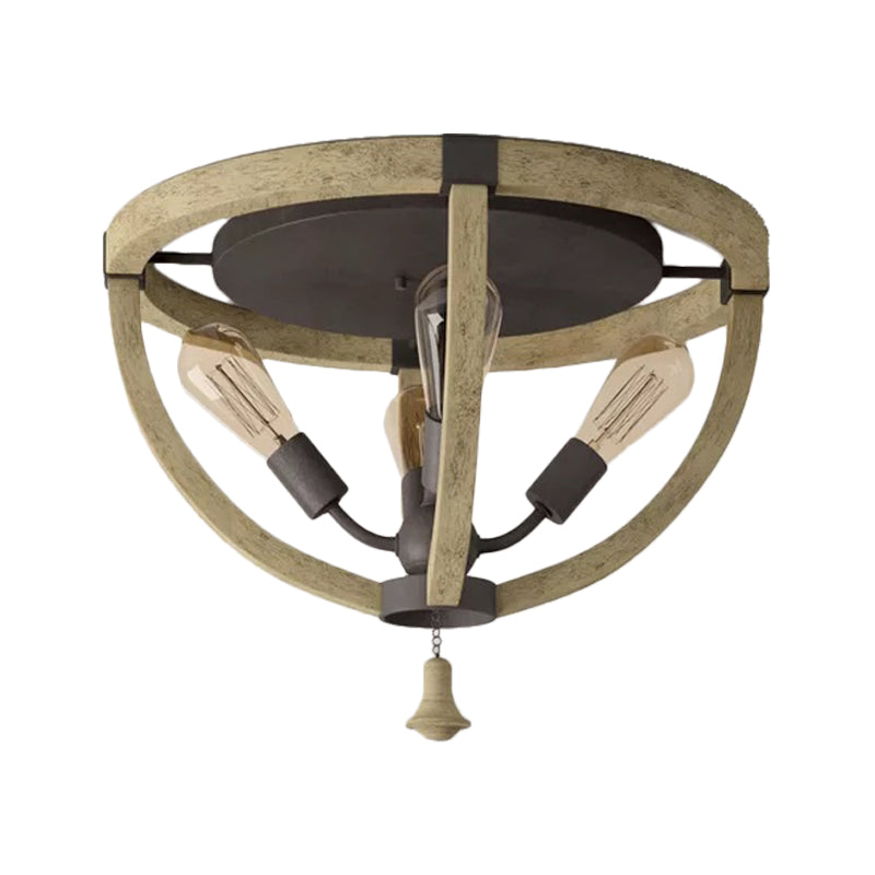 Wood Khaki Semi Mount Lighting Dome Frame 4-Bulb Warehouse Style Ceiling Flush Light