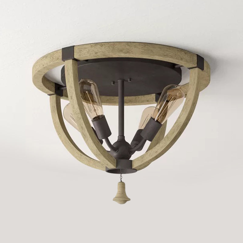Wood Khaki Semi Mount Lighting Dome Frame 4-Bulb Warehouse Style Ceiling Flush Light