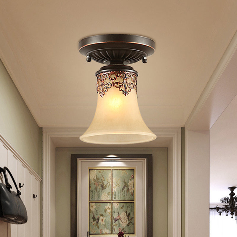 Single Trumpet Small Ceiling Light Country Style White Frosted Glass Flush Mount Fixture