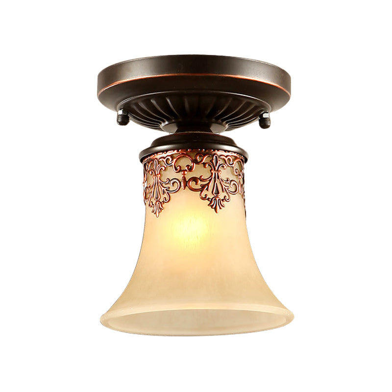 Single Trumpet Small Ceiling Light Country Style White Frosted Glass Flush Mount Fixture