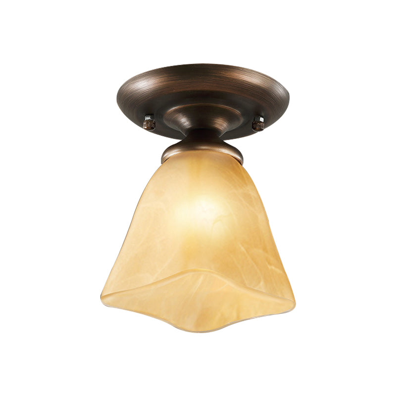 Cloud Effect Glass Tan Flushmount Cowbell Shaped 1-Light Rural Close to Ceiling Lighting for Stairs