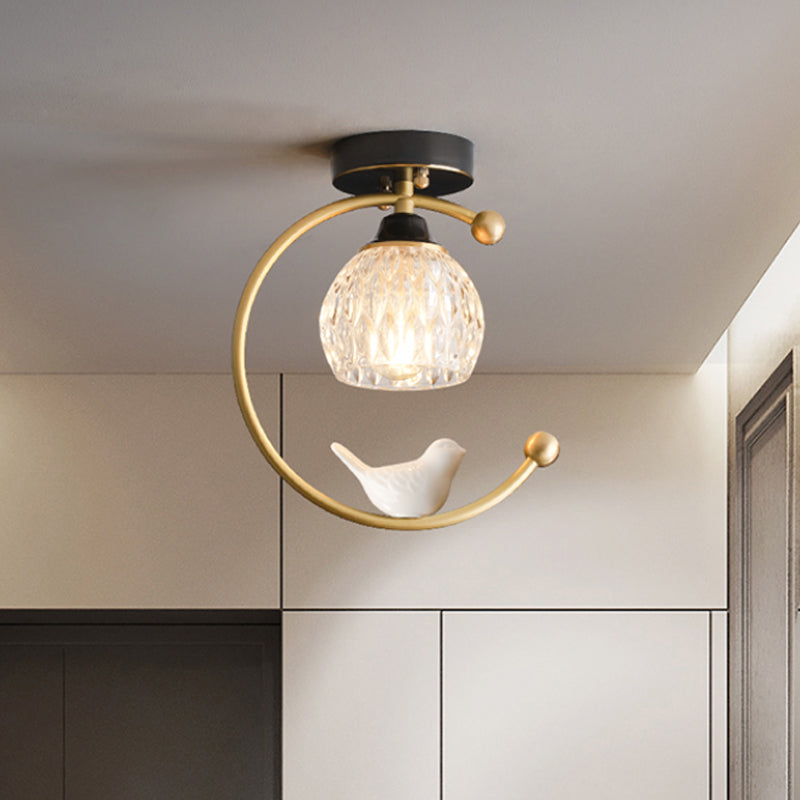 Domina de vidrio con textura Semi Flush Mount Farm 1 Cabeza de comedor Lámpara de techo con latón C Brazo y decoración de pájaros