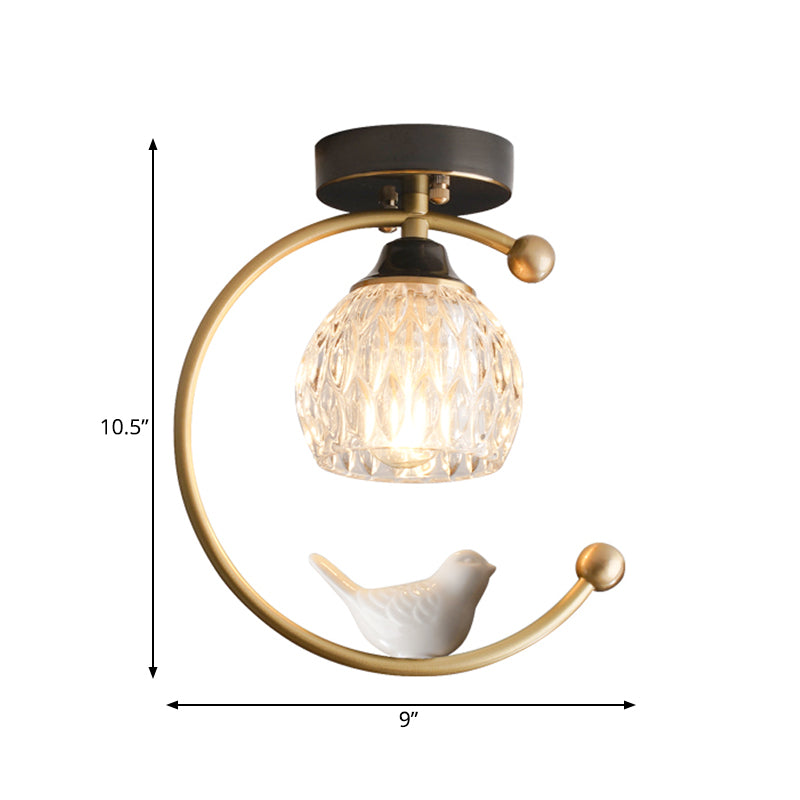 Domina de vidrio con textura Semi Flush Mount Farm 1 Cabeza de comedor Lámpara de techo con latón C Brazo y decoración de pájaros