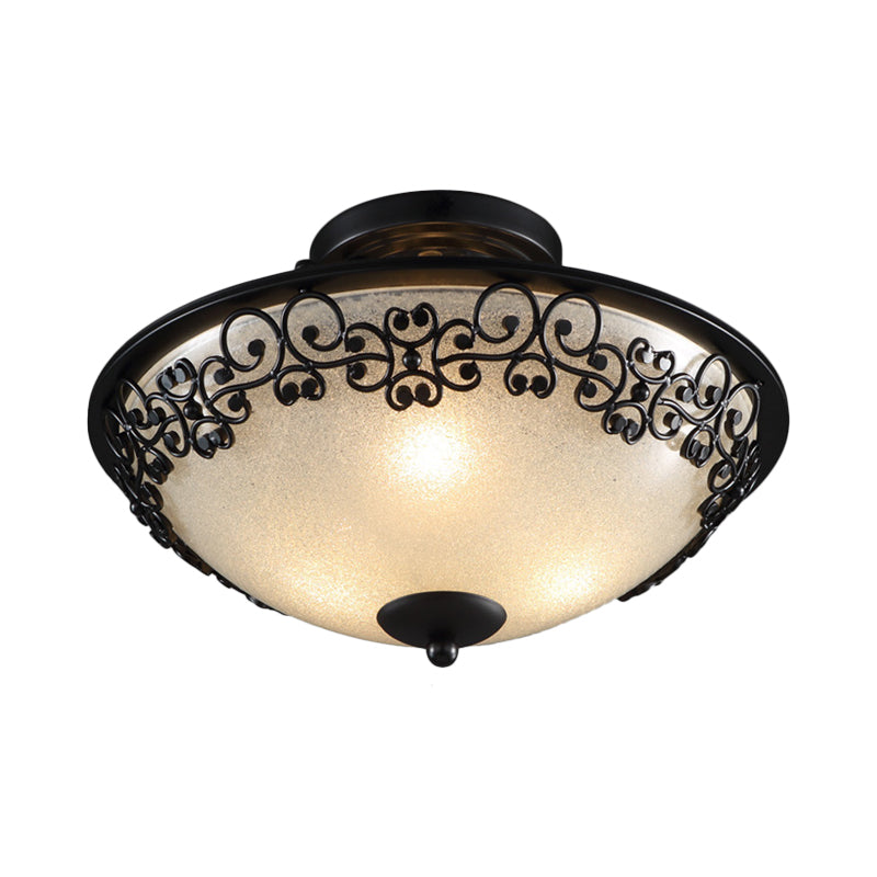 3 Bulbs Frosted Glass Semi Flush Rural Black Butterfly-Embellished Bowl Bedroom Close to Ceiling Light